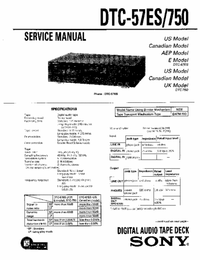 SONY DTC 57ES SERVICE MANUAL OF DAT (DIGITAL AUDIO TAPE) SONY DECK DTC 57ES
